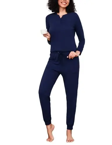Produktbild: Bresdk Schlafanzug Damen Pyjama Lang Baumwolle Hausanzug Kuschelig Lounge Set Blau M