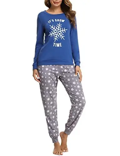 Produktbild: Bresdk Schlafanzug Damen Pyjama Lang Baumwolle Zweiteilige Nachtwäsche Blau S