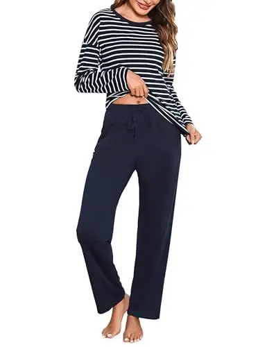 Produktbild: Bresdk Schlafanzug Damen Pyjama Set Lang Baumwolle Gestreift Winter Nachtwäsche für Damen Blau L