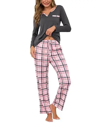Produktbild: Bresdk Schlafanzug Damen Pyjama Set Lang Baumwolle Nachtwäsche Warm Schlafanzüge Lounge Wear Rosa Grau M