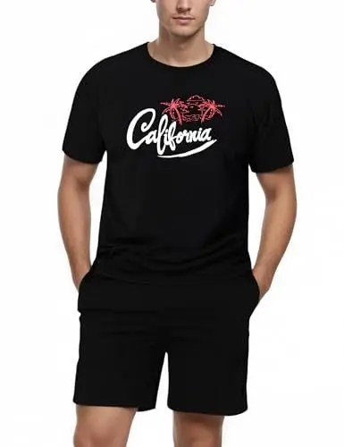 Produktbild: Bresdk Schlafanzug Herren Kurz Baumwolle Sommer Kurzarm Shorty Pyjama Rundhals Loungewear Set mit Buchstaben-Print Top und Shorts 2 Teiler, Schwarz, XXL