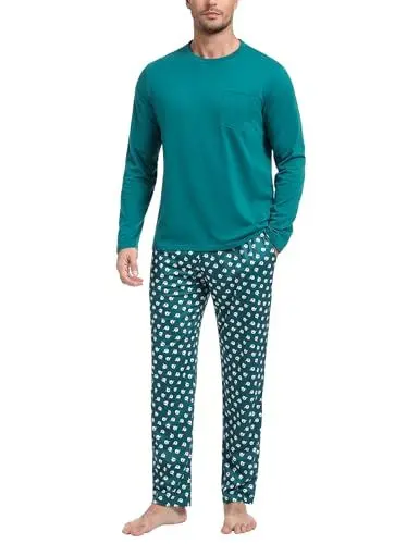 Produktbild: Bresdk Schlafanzug Herren Lang Baumwolle Pyjama Set Winter Zweiteilige Pyjamas mit Rundhals Langarm Shirt und Schlafanzughose mit Tasche Weich Hausanzug/Grün, XL