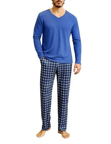 Produktbild: Bresdk Schlafanzug Herren Lang Baumwolle Pyjama Winter V Ausschnitt Hausanzug Langarm, Blau, XL