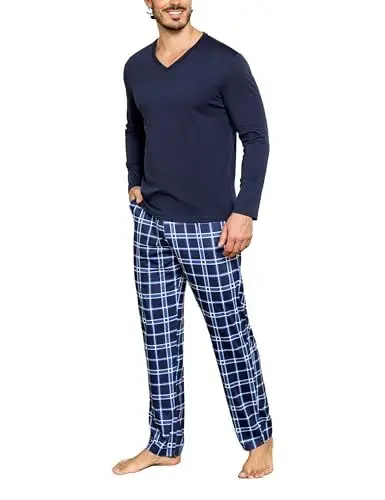 Produktbild: Bresdk Schlafanzug Herren Lang Baumwolle Pyjama Winter V Ausschnitt Hausanzug Langarm, Marineblau/Blau, XL