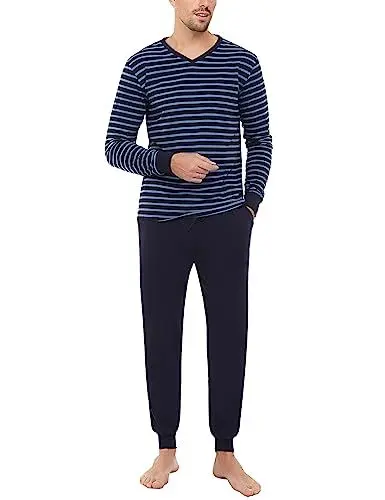 Produktbild: Bresdk Schlafanzug Herren Lang Baumwolle Winter Zweiteilige Nachtwäsche Männer Blau XL