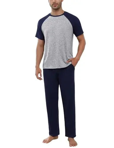 Produktbild: Bresdk Schlafanzug Herren Lang Pyjama Baumwolle Zweiteiliges Set Kurzarm Shirt Lange Pyjamahose Sommer Nachtwäsche für Männer