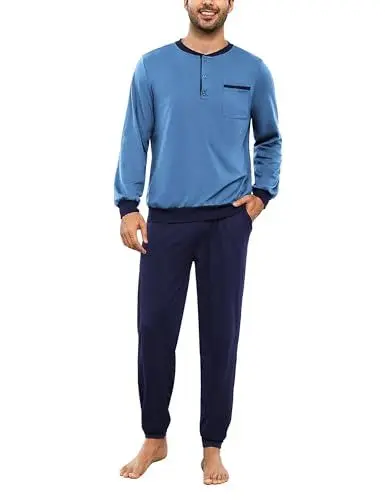 Produktbild: Bresdk Schlafanzug Herren Lang Winter Baumwolle Langarm Nachtwäsche Lange Pyjamahose Hellblau Blau L