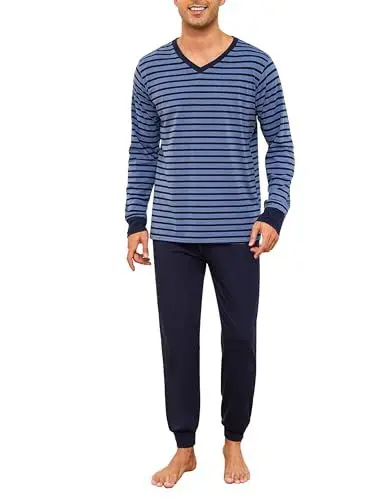 Produktbild: Bresdk Schlafanzug Herren Lang Winter Pyjama Set Männer Warm Nachtwäsche Hellblau L