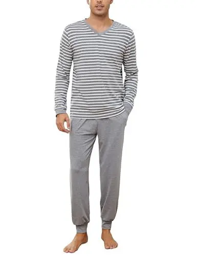 Produktbild: Bresdk Schlafanzug Herren Pyjama Lang Winter V-Kragen Langarm Nachtwäsche für Männer Grau M