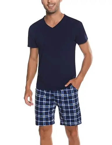 Produktbild: Bresdk Schlafanzug Herren Pyjama Set Kurz Baumwolle Sommer Nachtwäsche Dunkelblau L