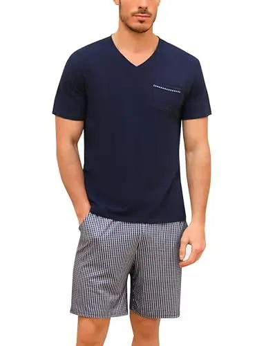 Produktbild: Bresdk Pyjama Herren Schlafanzug Kurz Baumwolle Sommer Set für Männer Nachtwäsche Kariert Blau02 M216 M