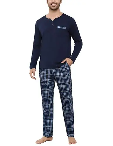 Produktbild: Bresdk Schlafanzug Herren Pyjama Set Lang Baumwolle Winter Nachtwäsche Männer Blau L