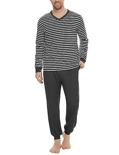 Produktbild: Bresdk Schlafanzug Herren Pyjama Set Winter Lang Baumwolle Nachtwäsche Dunkelgrau XL