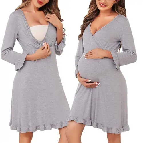 Produktbild: Bresdk Stillnachthemd Damen Geburtskleid 3/4 Ärmel Baumwolle Stillkleid Umstandskleid Nachthemden Für Schwangere Grau S
