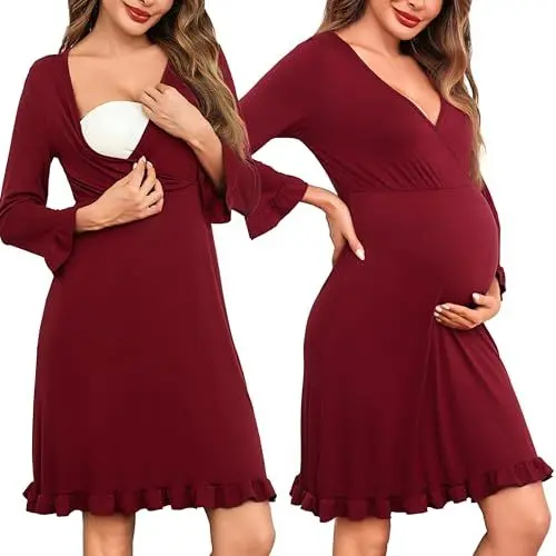 Produktbild: Bresdk Stillnachthemd Damen Geburtskleid 3/4 Ärmel Baumwolle Stillkleid Umstandskleid Nachthemden Für Schwangere Rot XL