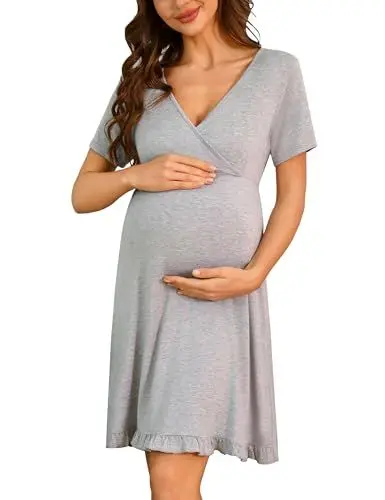 Produktbild: Bresdk Stillnachthemd Damen Nachthemd mit Stillfunktion Umstandskleid Umstandskleidung Nachthemden für Schwangere Grau XL