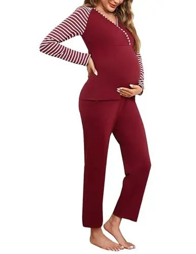 Produktbild: Bresdk Stillpyjama Damen Lang Zweiteiliger Schlafanzug Langarm Umstands Stillschlafanzug Baumwolle Pyjama Stillfunktion Geburt Set Maternity Pyjama Rot M