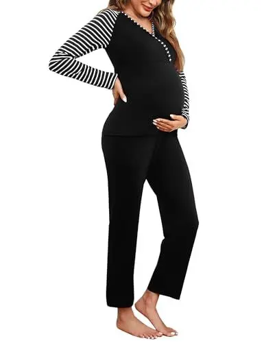 Produktbild: Bresdk Stillpyjama Damen Lang Zweiteiliger Schlafanzug Langarm Umstands Stillschlafanzug Baumwolle Pyjama Stillfunktion Geburt Set Maternity Pyjama Schwarz M