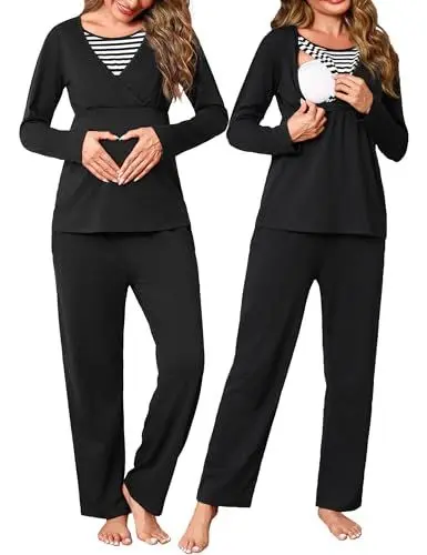 Produktbild: Bresdk Stillpyjama Lang Damen Winter Schlafanzug Schwangerschaft Langarm Baumwolle Zweiteiliger Umstandsmode Stillfunktion Nachtwäsche für Schwanger