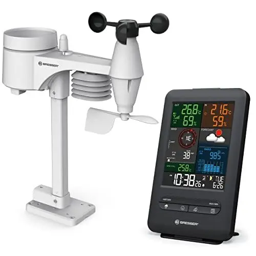 Produktbild: Bresser 7002525 Wetterstation Funk mit Außensensor 5-in-1 Beaufort mit großem Farbdisplay, Sensor für Temperatur, Luftfeuchtigkeit, Luftdruck, Windrichtung und Regenmesser, Schwarz, Einzigartig