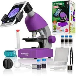 Produktbild: Bresser Junior Einsteiger Mikroskop 40-640x mit Durchlicht LED-Beleuchtung und mit 3 Objektiven, inklusive umfangreichem Zubehör wie Dauerpräparaten, Objektträgern und Mikroskopierbesteck, lila