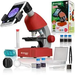 Produktbild: Bresser Junior Einsteiger Mikroskop 40-640x mit Durchlicht LED-Beleuchtung und mit 3 Objektiven, inklusive umfangreichem Zubehör wie Dauerpräparaten, Objektträgern und Mikroskopierbesteck, rot