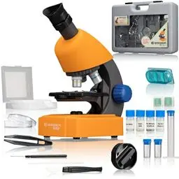 Produktbild: Bresser Junior Mikroskop 40x-640x mit LED-Durchlichtbeleuchtung, Zoom-Monokular, Batteriebetrieb und umfangreichen Zubehörpaket für Kinder inklusive Transportkoffer