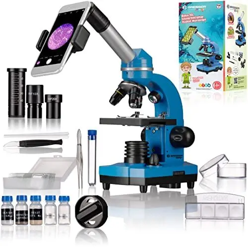 Produktbild: Bresser Junior Schülermikroskop BIOLUX SEL mit Smartphonehalter, reichhaltigem Zubehör und Barlow-Zoom-System für Kinder, Einsteiger und Erwachsene, blau