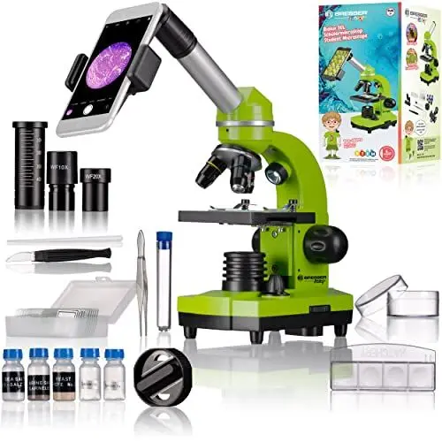 Produktbild: Bresser Junior Schülermikroskop BIOLUX SEL mit Smartphonehalter, reichhaltigem Zubehör und Barlow-Zoom-System für Kinder, Einsteiger und Erwachsene, grün