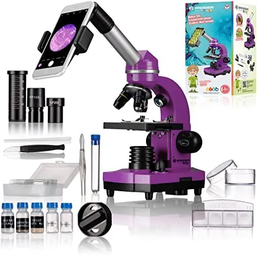 Produktbild: Bresser Junior Schülermikroskop BIOLUX SEL mit Smartphonehalter, reichhaltigem Zubehör und Barlow-Zoom-System für Kinder, Einsteiger und Erwachsene, violett