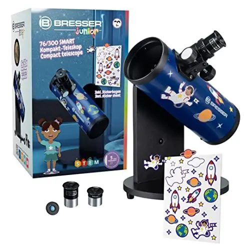 Produktbild: Bresser Junior Spiegelteleskop 76/300 Kompakt-Teleskop SMART mit benutzerfreundlicher Dobson-Montierung, integriertem Kompass und viel Zubehör, 8843205, Blau