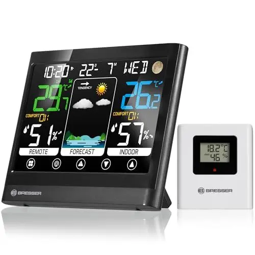 Produktbild: Bresser MeteoTemp BF Funk Wetterstation mit Touch-Display, Außensensor, Wettervorhersage, Raumklima-Indikator, Temperatur-, Luftfeuchtigkeit- und Empfang des DCF-Zeitsignals, Wecker