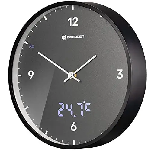 Produktbild: Bresser MyTime Wanduhr mit Funk ohne Tickgeräusche mit 24 cm großem Ziffernblatt, LED Sekundenanzeige, Innentemperatur und geräuschlosem Funkuhrwerk, grau