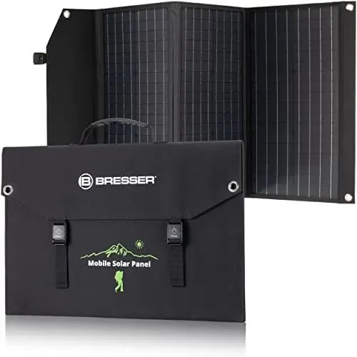 Produktbild: Bresser Solar Ladegerät 90W mit 1x DC- und 3x USB-A-Anschlüssen inkl. USB-A-Buchse mit QC3.0 zur Schnellladung, Solar-Panel als Ladegerät für Smartphones, Power-Stations etc.