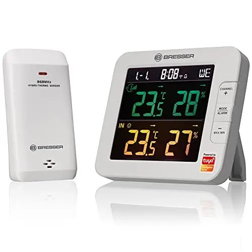 Produktbild: Bresser WLAN Smart Home 7-Kanal Tuya Funk Thermometer-Hygrometer mit Außensensor, mit integriertem Wecker, Weiß