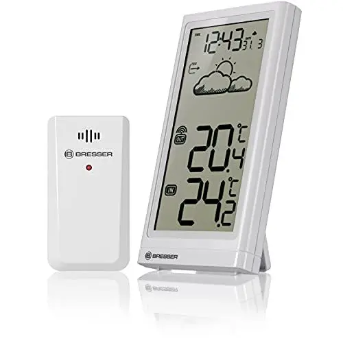 Produktbild: Bresser Wetterstation Funk mit Außensensor Meteo Temp, Thermometer mit Temperaturanzeige für Innen- und Außen, Wettervorhersage, mit ausklappbarem Standfuß und Wandhalterung, weiß