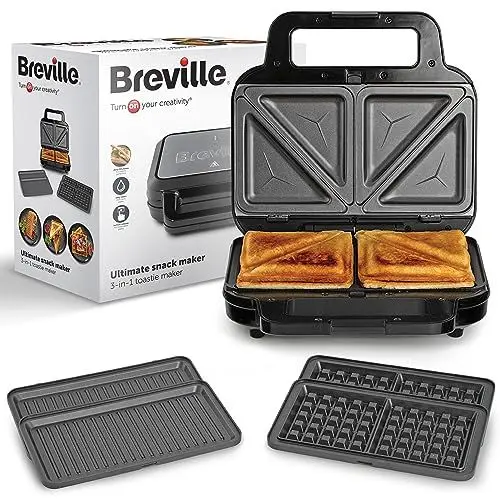 Produktbild: Breville 3-in-1 Ultimativer Sandwichmaker | Extra tiefe Platten für Sandwiches, Waffeln & Paninis | Herausnehmbare Platten mit Antihaftbeschichtung | Schwarz & Edelstahl (VST098X) | EU-Stecker