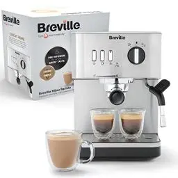 Produktbild: Breville Bijou Barista Siebträgermaschine | automatischer und manueller Vollautomat| Espressomaschine/Kaffeemaschine für Cappuccino & Milchkaffee | Pumpe mit 15 Bar | Dampfdüse | Silber (VCF149X)