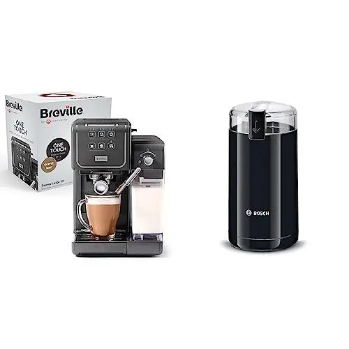 Produktbild: Breville Prima Latte III Siebträgermaschine | Vollautomatische Espressomaschine/Kaffeemaschine & Bosch Hausgeräte TSM6A013B Kaffeemühle, Schwarz
