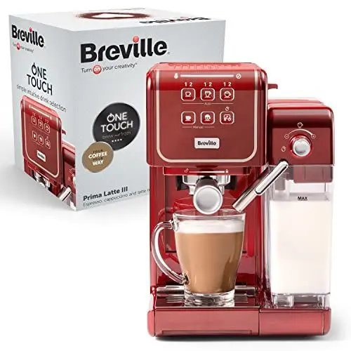 Produktbild: Breville Prima Latte III Siebträgermaschine | Vollautomatische Espressomaschine/Kaffeemaschine mit Milchaufschäumer & italienischer Pumpe mit 19 Bar | kompatibel mit ESE-Pads | Rot (VCF147X)
