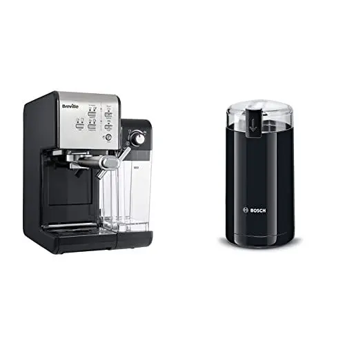 Produktbild: Breville Prima Latte II Siebträgermaschine | Espressomaschine/Kaffeemaschine | Professionelle 19-Bar-Pumpe und Milchaufschäumer | Silber (VCF108X) & Bosch Hausgeräte TSM6A013B Kaffeemühle, Schwarz
