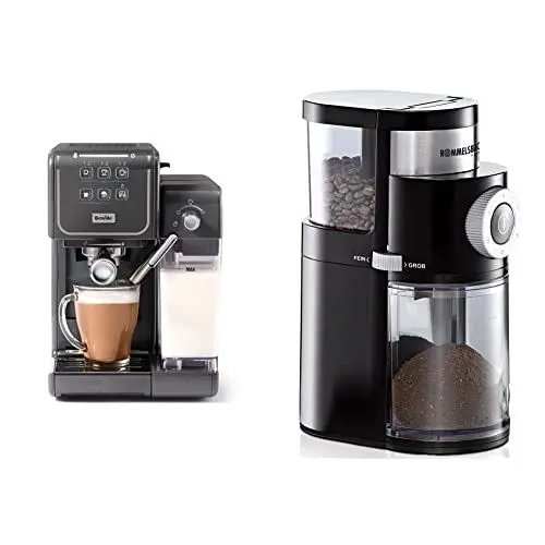 Produktbild: Breville VCF146X Prima Latte III Espressomaschine| 19 Bar italienische Pumpe & Milchaufschäumer | Grau & ROMMELSBACHER Kaffeemühle EKM 200 – aromaschonendes Scheibenmahlwerk, 250 g, 110 Watt, schwarz