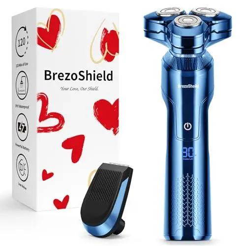 Produktbild: BrezoShield 2024 New Rasierapparat Herren Elektrisch mit (Präzisionstrimmer und EU Adapter), Akku Rasierer Herren Nass & Trockenrasierer mit LED Anzeige & Reiseschloss, IPX7 Wasserdicht - Blau