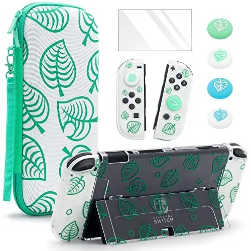 Produktbild: BRHE Case Switch Tasche für Nintendo Switch OLED mit Schutzhülle, Animal Crossing Switch Schutzhüll Reise Tragetasche Schutz zubehör Set (Grün-OLED)