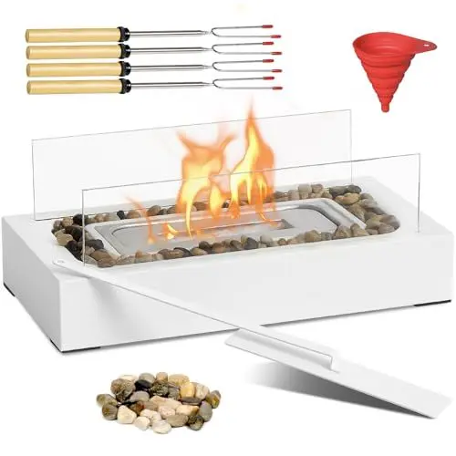 Produktbild: BRIAN & DANY Tischkamin für Indoor und Outdoor, Bioethanol Tischfeuer, Bio Ethanol Kamin mit Dekosteine für Garten Balkon Deko, Weiß
