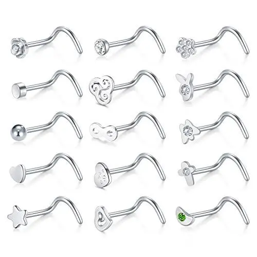 Produktbild: Briana Williams 15stk Nasenstecker Nasenpiercing Stecker Set Chirurgenstahl 20G Nase L Form Spirale Gerade Silber Piercing Schmuck
