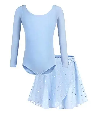 Produktbild: Bricnat Ballettkleidung Mädchen Ballettkleid Kinder Tanzbody Gymnastikanzug Balletttrikot Langarm Tanzkleid mit Tütü Kinder Baumwolle Blau 140