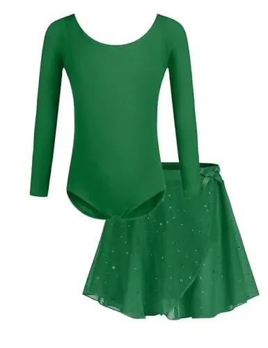 Produktbild: Bricnat Ballettkleidung Mädchen Ballettkleid Kinder Tanzbody Gymnastikanzug Balletttrikot Langarm Tanzkleid mit Tütü Kinder Baumwolle Grün 140