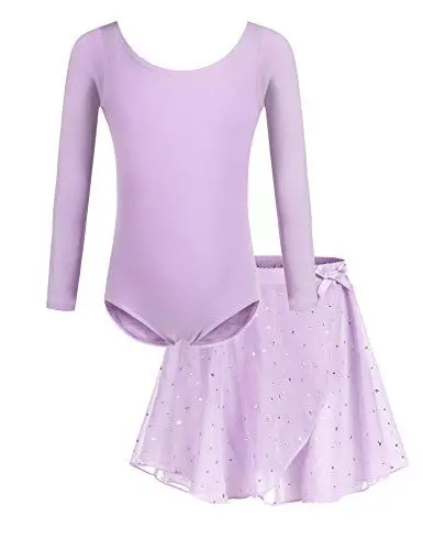 Produktbild: Bricnat Ballettkleidung Mädchen Ballettkleid Kinder Tanzbody Gymnastikanzug Balletttrikot Langarm Tanzkleid mit Tütü Kinder Baumwolle Violett 140