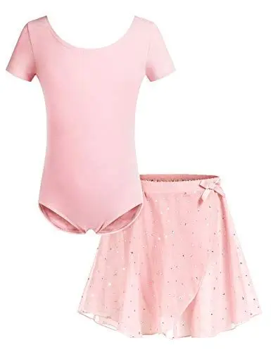 Produktbild: Bricnat Ballettkleidung Ballettkleid Mädchen Ballettkostüme Kinder Ballett Trikot Kurzarm Tanzkleid Baumwolle Balletttrikot mit Chiffon Wickelrock Tütü Rosa 130